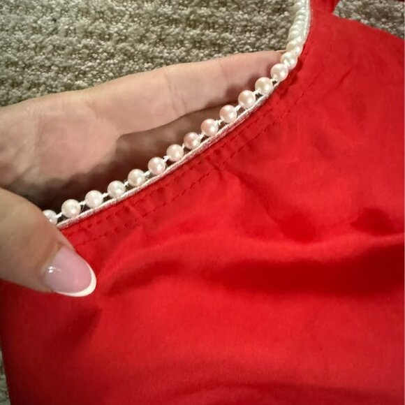 Red Satin Holiday Mini Dress with Pearl Trim and Bow Medium - Picture 6 of 9